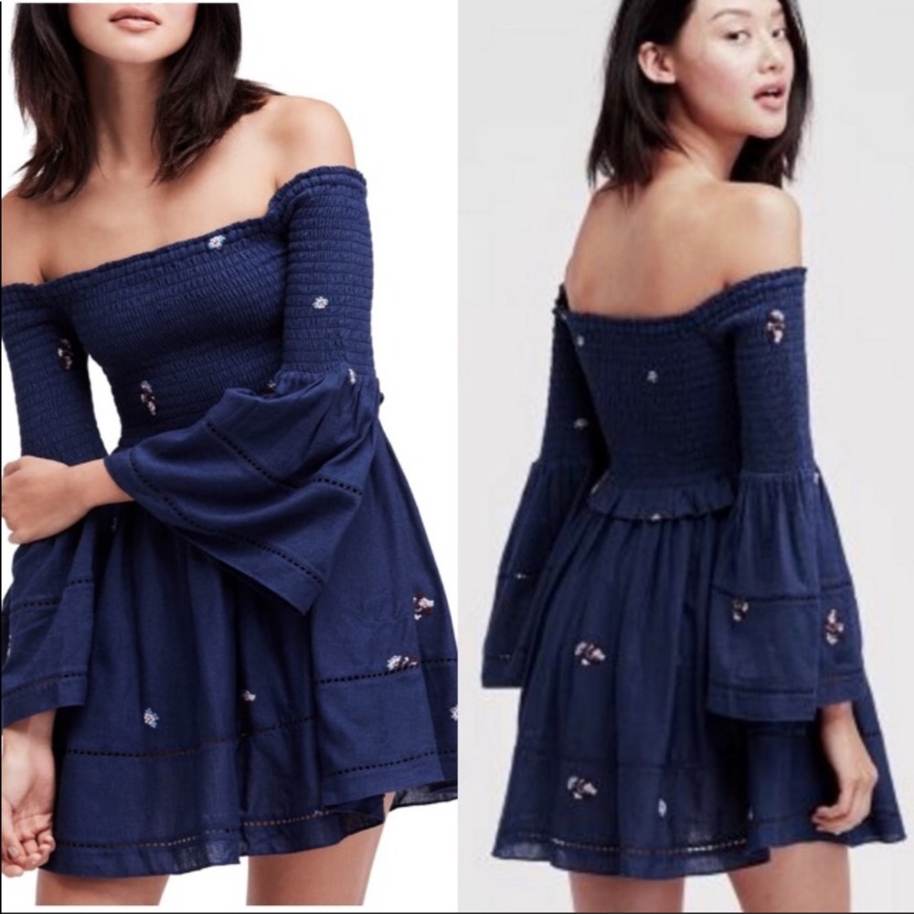 Free People Counting Daisies Embroidered Off The Shoulder Dress